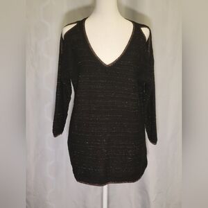 Roz & Ali Sweater Womens Size Medium Cold Shoulder 3/4 Sleeve Black And Gold